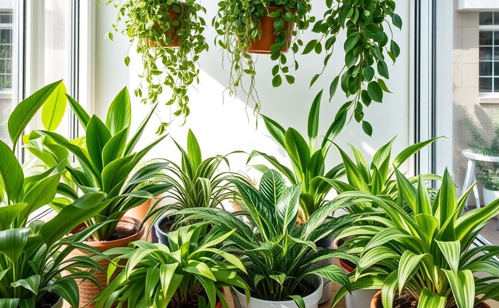 A variety of houseplants in a bright indoor setting.