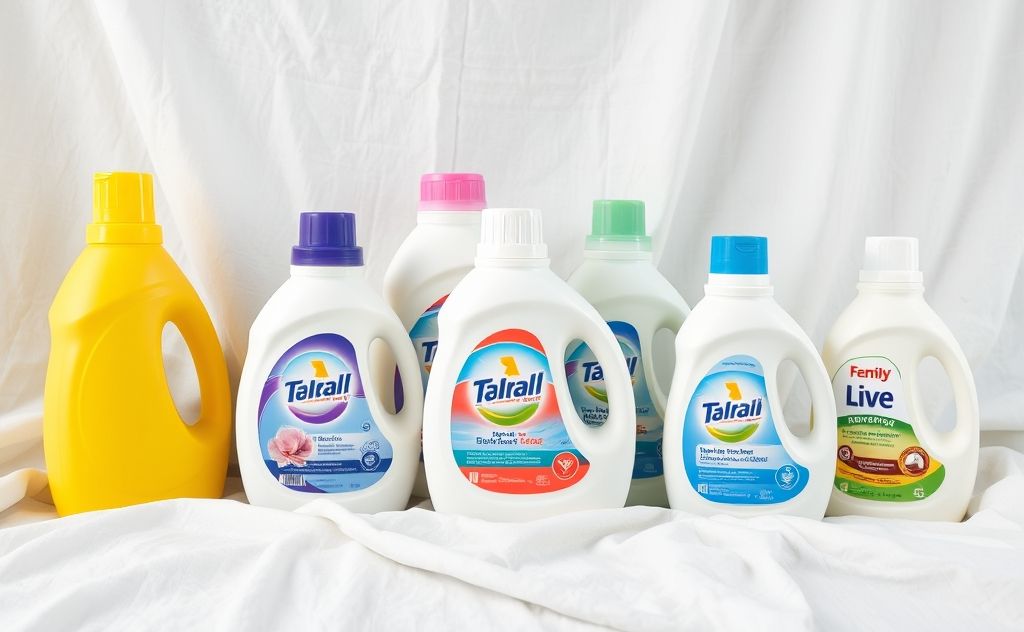 A variety of laundry detergent bottles on a clean, soft fabric background.