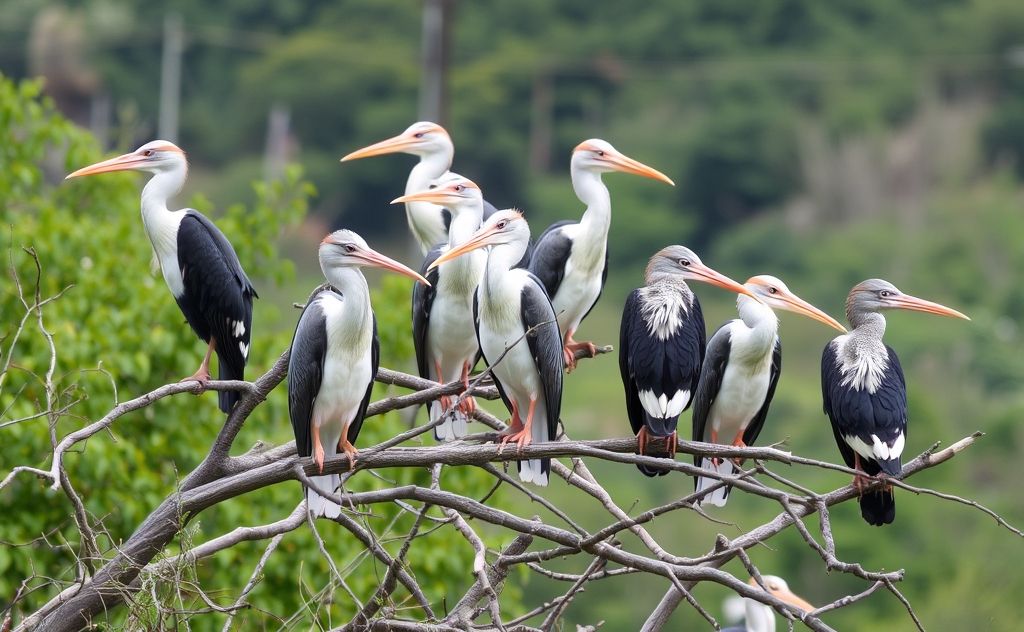 A variety of long-beaked birds perched on branches in a natural setting.