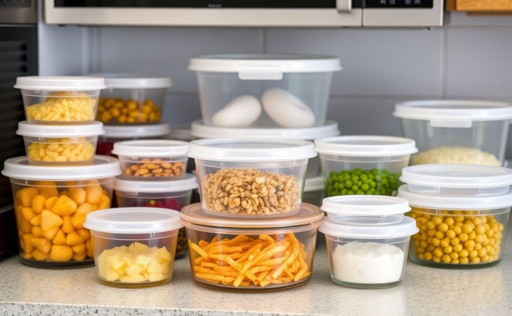 A variety of microwave-safe containers in a kitchen setting.