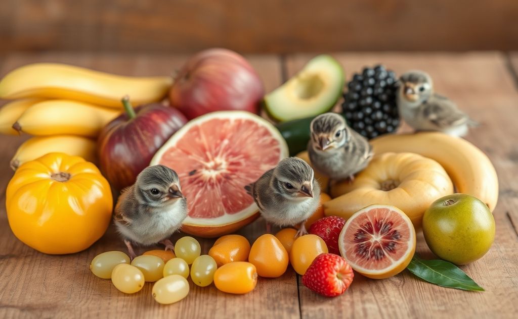 A variety of safe fruits for baby sparrows arranged on a wooden table.