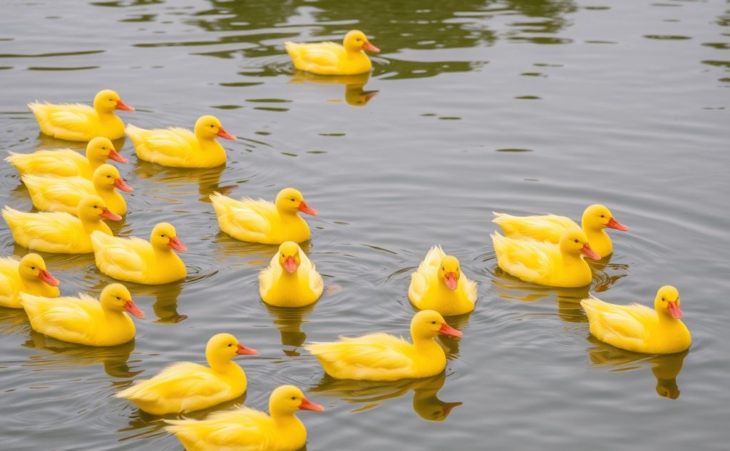 A variety of yellow ducks swimming in a serene pond.