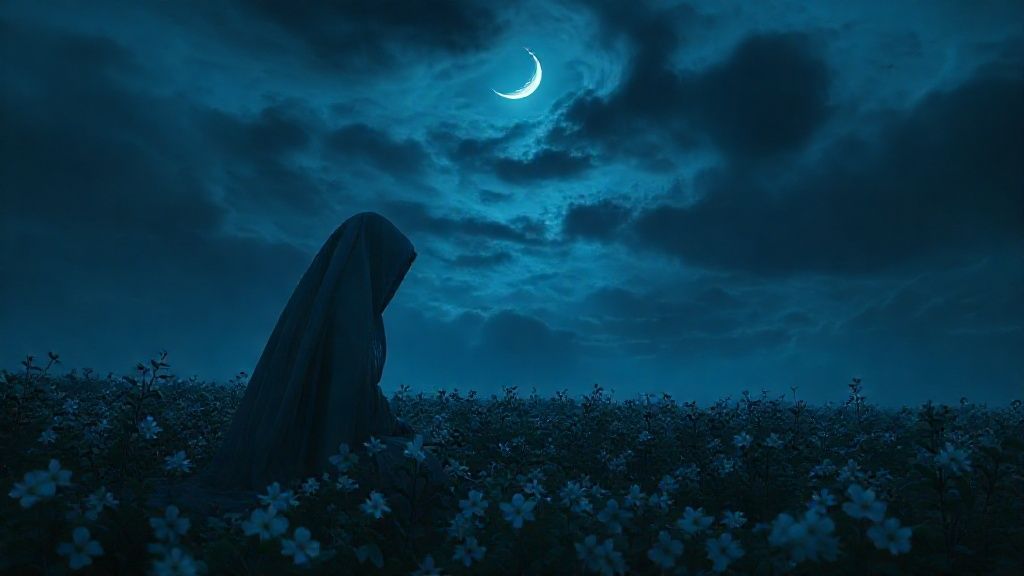 A veiled figure, bathed in moonlit indigo, kneels in a field of blossoming night-blooming jasmine. Dark, swirling clouds part above, revealing a single, radiant crescent moon. Ethereal glow, cinematic.