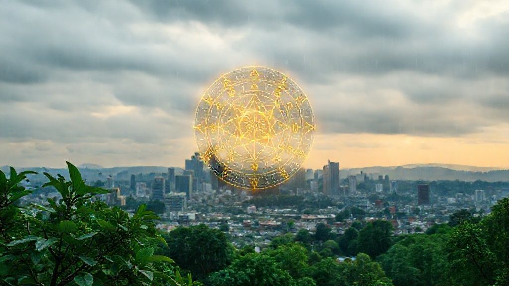 A verdant Portland cityscape under a softly lit, cloudy sky. Rain-kissed leaves, emerald and jade, reflect ethereal light. Floating astrological chart, glowing gold, intertwined with plant roots.