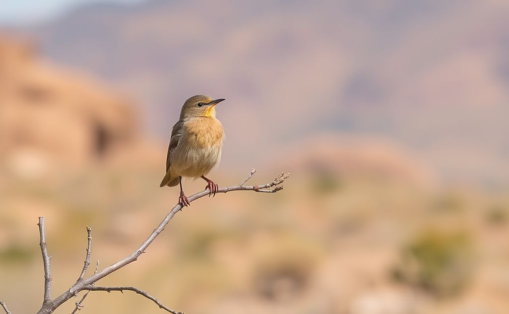 A verdin bird perched on a branch in a desert landscape.