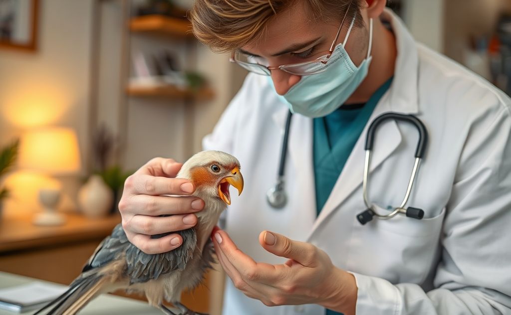 A veterinarian examining a bird in a cozy home setting.