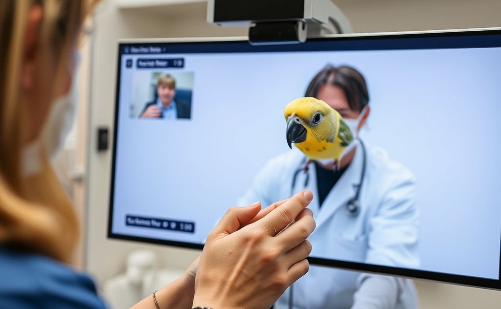 A veterinarian examining a bird in a virtual consultation setting.