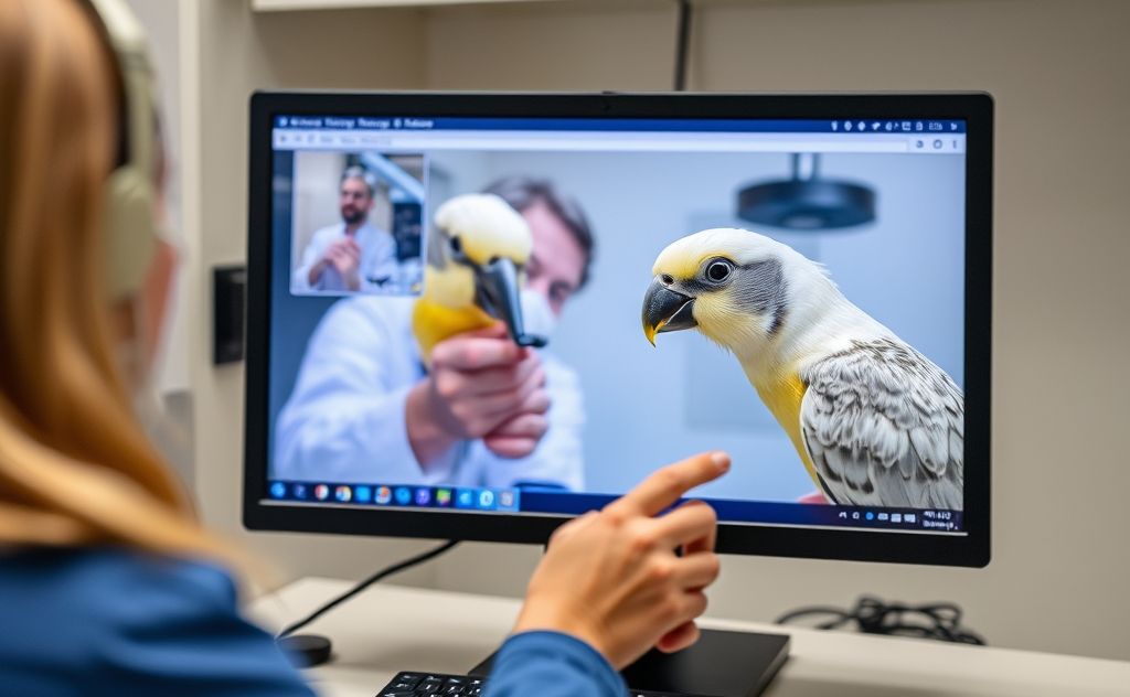 A veterinarian examining a bird remotely on a computer screen.