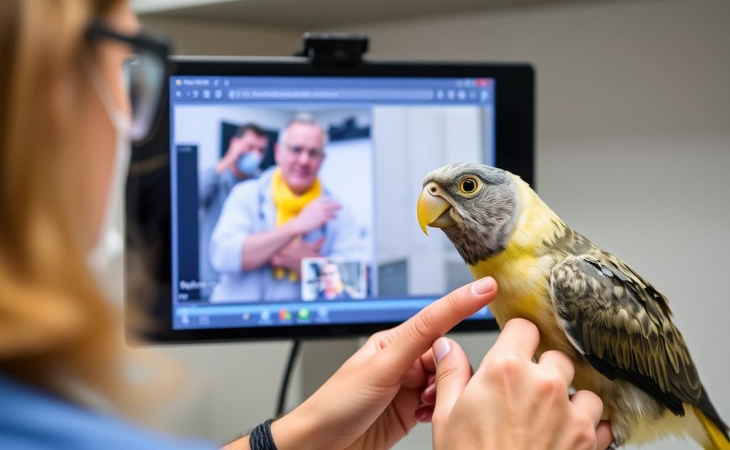 A veterinarian examining a bird using telehealth technology.