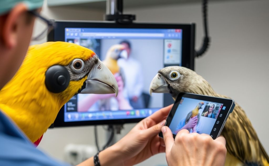 A veterinarian examining a bird using teletriage technology.