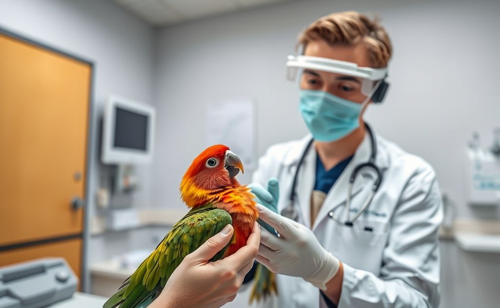 A veterinarian examining a colorful bird in a virtual consultation setting.