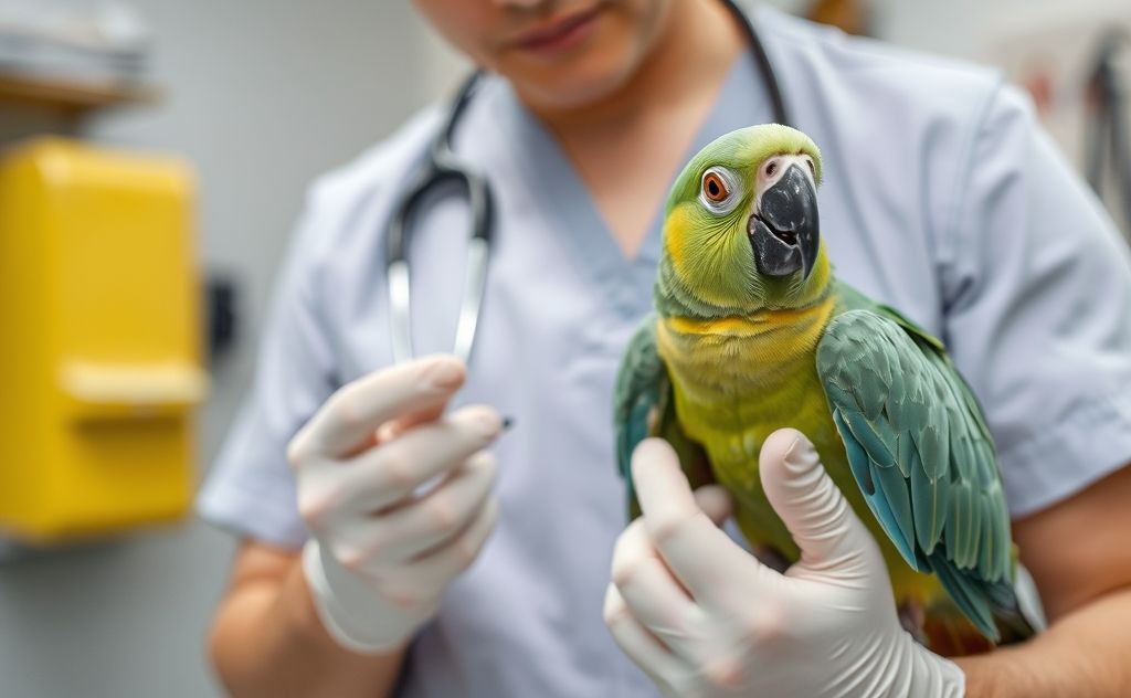 A veterinarian examining a parrot in a clinic setting.