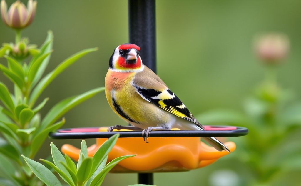 A vibrant European goldfinch perched on a colorful bird feeder surrounded by greenery.