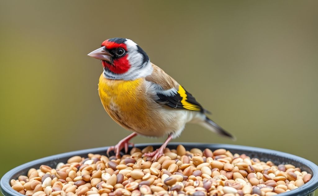 A vibrant European goldfinch perched on a feeding station surrounded by seeds.