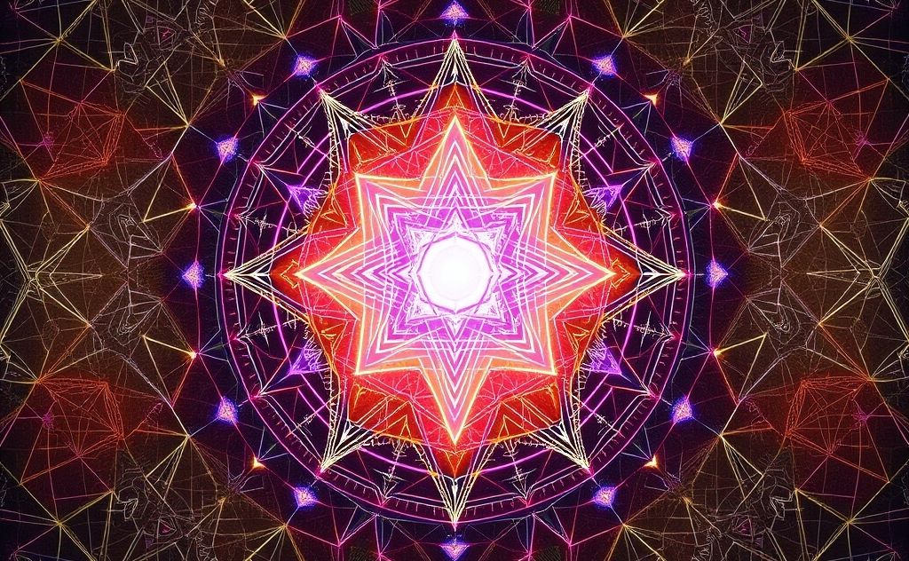 A vibrant Metatron's Cube surrounded by harmonious geometric patterns.