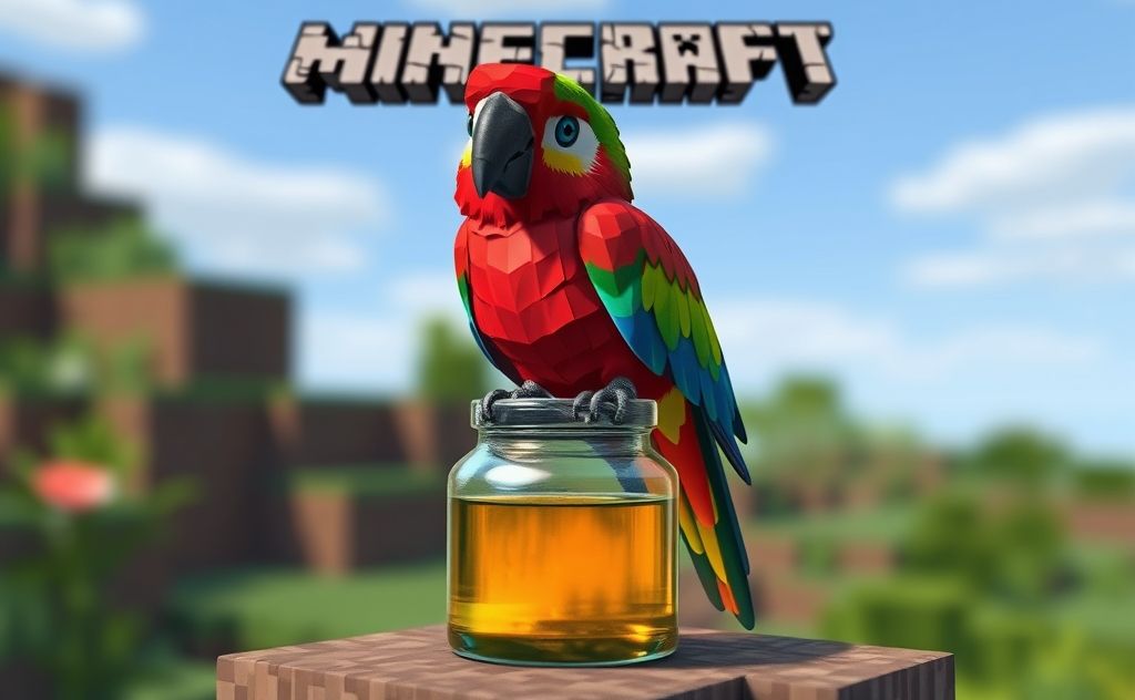 A vibrant Minecraft parrot perched on a healing potion.