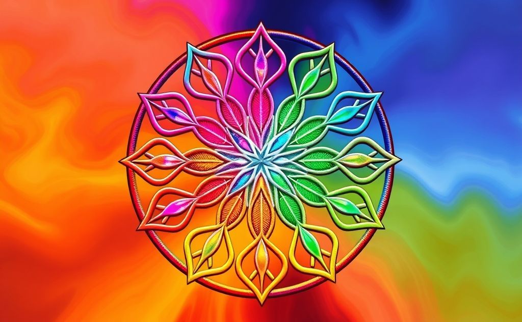 A vibrant Seed of Life symbol with colorful chakra representations.