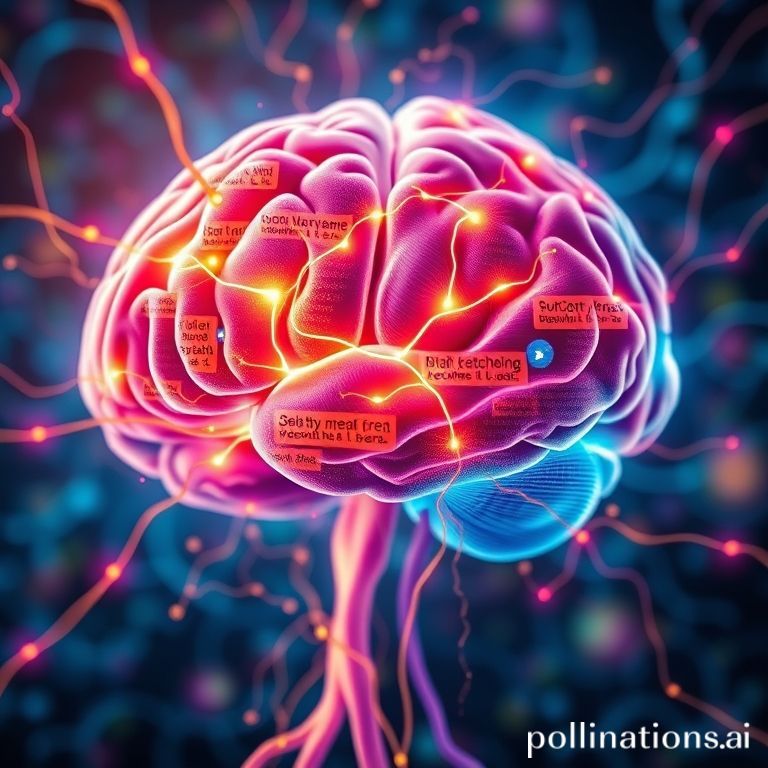 Ilustrasi kompleks jalur saraf dalam otak yang membedakan ingatan yang jelas dan padat, menunjukkan bagaimana makna unik memengaruhi retensi kalimat.