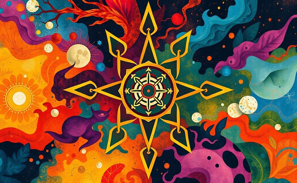 A vibrant abstract design inspired by shamanic symbols and nature.