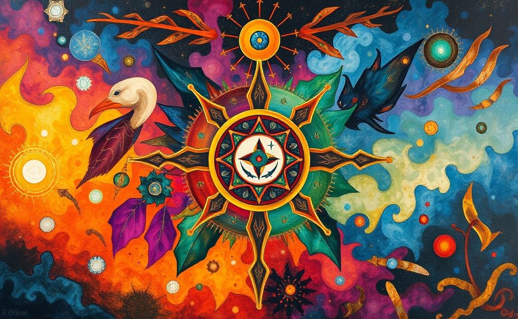A vibrant abstract representation of shamanic symbols and nature.