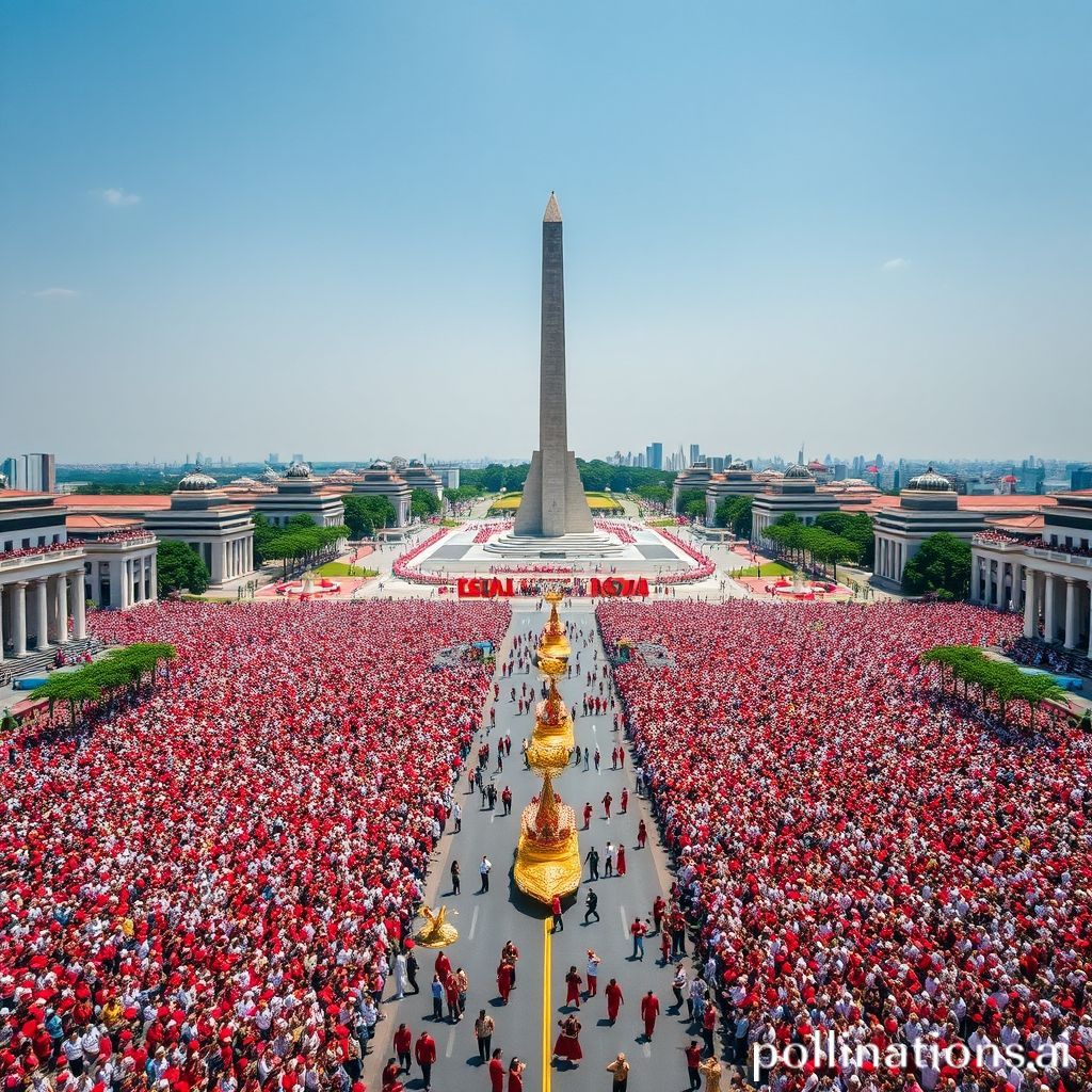 A vibrant aerial shot of Monas square during Indonesia's 80th Independence Day celebration. The square is filled with a dense crowd of people wearing red and white attire, creating a 