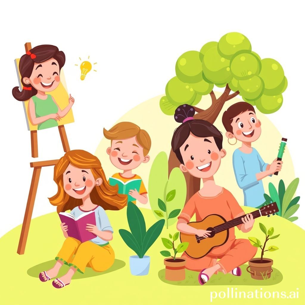 A vibrant and cheerful cartoon illustration showing diverse people happily engaged in various hobbies. One person is painting on a canvas with a serene smile, another is reading a book under a tree looking relaxed, a third is tending to plants in a small garden with a content expression, and a fourth is playing a musical instrument with joy. There's a subtle glow or 'light bulb' icon above one person's head, symbolizing creativity and new ideas. The overall scene conveys peace, happiness, and productive leisure. Bright, inviting colors.