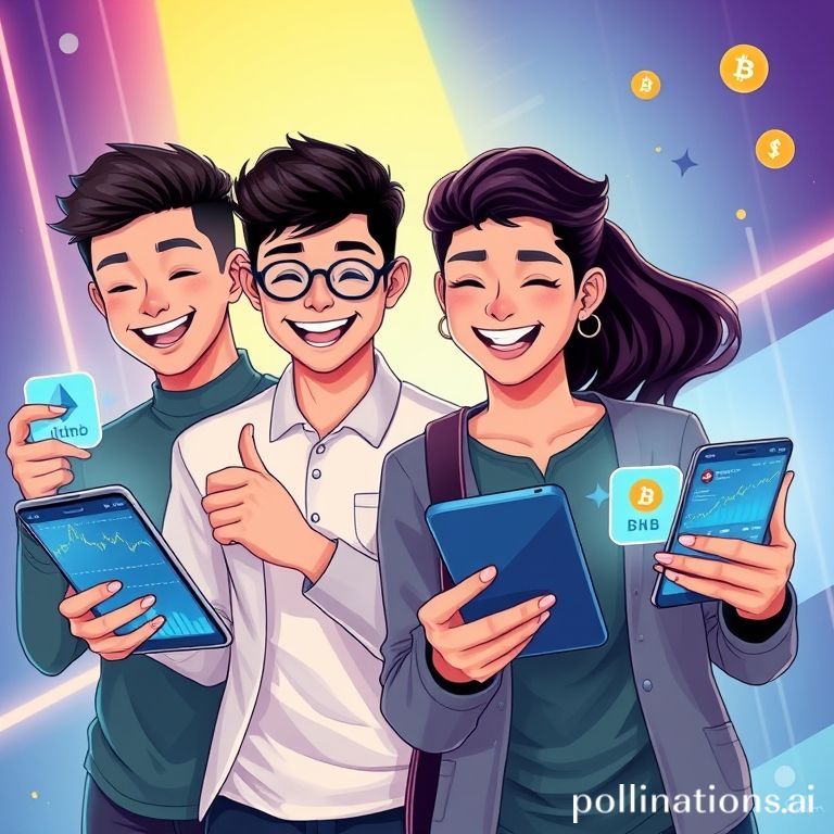 A vibrant and futuristic illustration featuring a diverse group of young Indonesian Gen Z individuals (2-3 people) happily engaging with smartphones and tablets, all displaying crypto charts, coin logos (like Bitcoin, Ethereum, BNB, etc.), and investment interfaces. One person could be making a 