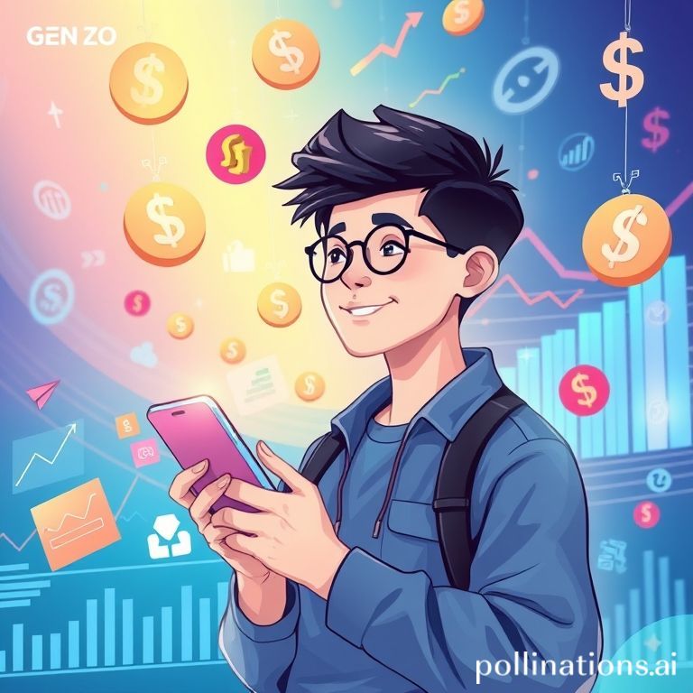 A vibrant and futuristic illustration showing a young Gen Z person, possibly with a smartphone in hand, surrounded by digital graphs, charts, and floating currency symbols (IDR, USD). The background should feature abstract representations of various investment instruments like stocks, bonds, and mutual funds, all rendered in a clean, modern, and slightly holographic style. The overall mood is optimistic and tech-savvy, conveying ease of access to finance. Use bright, appealing colors.