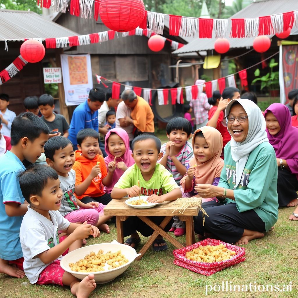 A vibrant and joyful scene of various traditional Indonesian 17 Agustus games being played in a lively kampung (village) setting. Children and adults are seen participating in activities like panjat pinang, balap karung, and eating kerupuk, with red and white decorations, flags, and umbul-umbul adorning the background. The atmosphere is festive and full of laughter, showcasing community spirit and national pride.