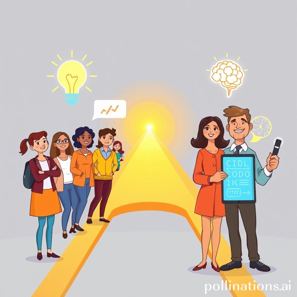 A vibrant and modern cartoon illustration. It depicts a diverse group of people (students and young professionals, male and female, various ethnicities) collaboratively building a glowing, futuristic pathway or bridge. Each segment of the pathway represents a different skill, symbolized by clear, modern icons: a lightbulb for creativity, interconnected gears for problem-solving, a speech bubble for communication, a glowing brain for critical thinking, and a tablet with lines of code for digital literacy. A friendly, wise-looking mentor figure (a smiling teacher or professor) stands beside them, pointing confidently towards a bright, optimistic horizon. The style should be clean, flat, and optimistic, with a warm color palette.