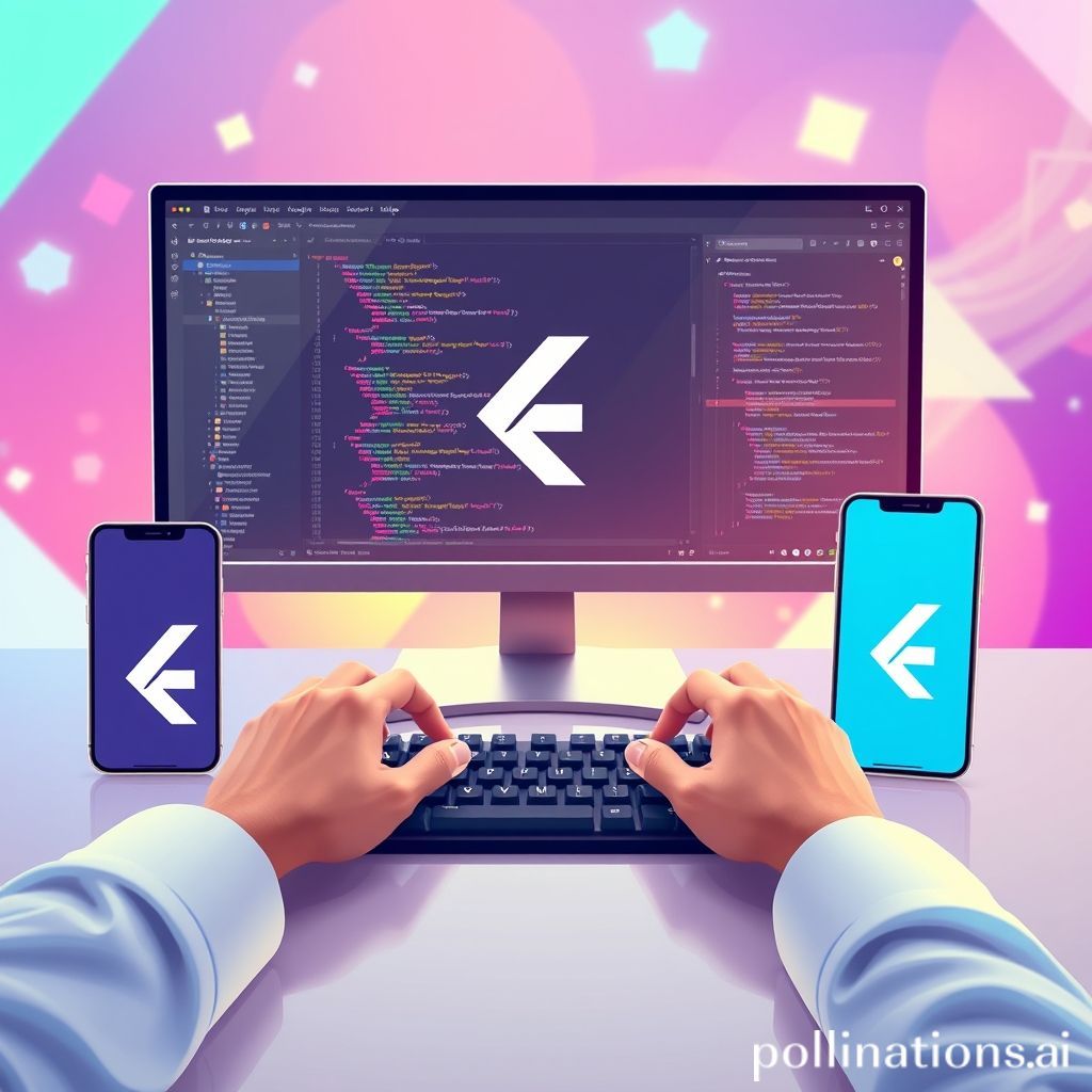A vibrant and modern illustration depicting a developer working on Flutter. In the foreground, a computer screen displays Flutter code in a clean IDE (like VS Code), with a subtle Flutter logo integrated into the UI elements. To the side, two smartphones (one iOS, one Android) show the same sample application running, highlighting cross-platform capability. A developer's hands are lightly placed on a keyboard. The background is slightly blurred with abstract tech elements and data lines, symbolizing development and connectivity. The overall aesthetic is bright, clean, and inviting, with a focus on productivity and innovation.