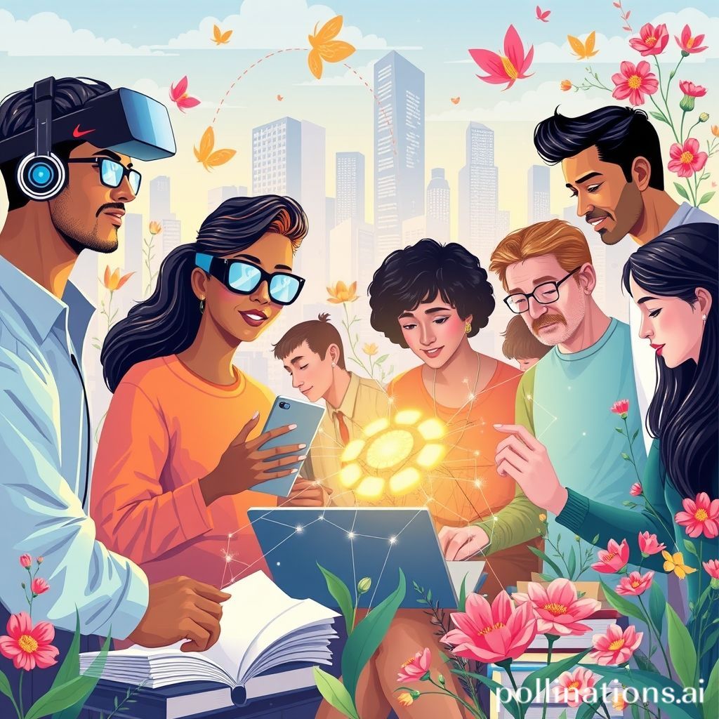 A vibrant and modern illustration depicting diverse individuals (men and women, different ages and ethnicities) engaged in various forms of lifelong learning. They are surrounded by abstract representations of data, digital interfaces, books, and collaborative tools. One person is using a VR headset, another is coding, while others are having a discussion around a holographic projection. The background has subtle elements of a futuristic cityscape and blooming plants, symbolizing growth and innovation. The overall tone is optimistic, bright, and emphasizes human connection within a technology-rich learning environment.