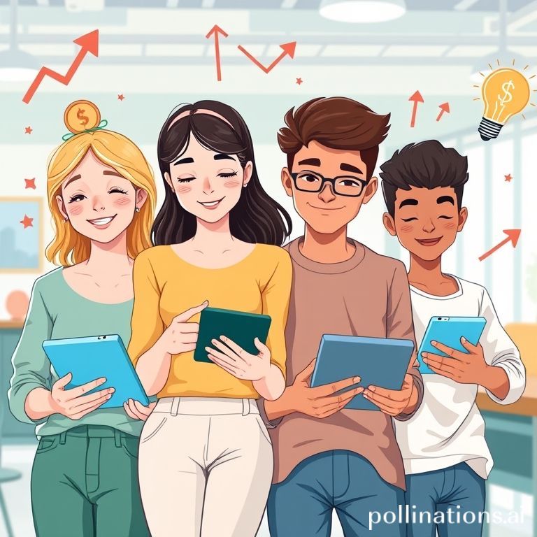 A vibrant and modern illustration featuring a diverse group of Gen Z individuals (2 girls, 2 boys) casually looking at stock charts on their smartphones and tablets with expressions of thoughtful optimism and light excitement. They are in a bright, airy co-working space or cafe. Floating around them are subtle graphic elements like upward trend arrows, stylized money symbols, and lightbulb icons, representing financial growth, ideas, and learning. The color palette is fresh and energetic, appealing to a young audience, with a clean and contemporary art style that suggests accessibility and intelligence.
