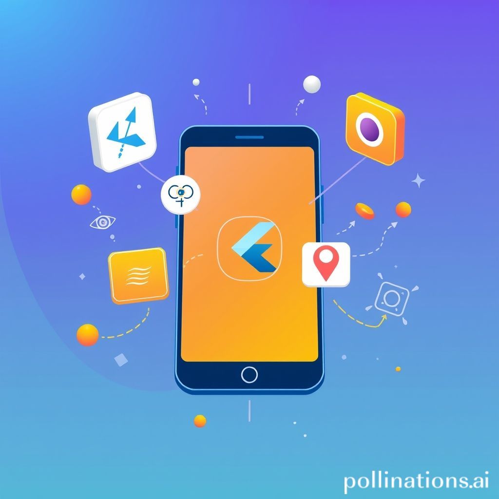 A vibrant and modern illustration of a smartphone screen displaying a Flutter application interacting with various device features. On the screen, icons representing a compass (for sensors), a location pin (for GPS), and a camera lens are prominently featured. The phone is surrounded by abstract, floating elements that symbolize data flow and connectivity to the device's internal hardware. The background is a gradient of blue and purple, evoking technology and innovation.