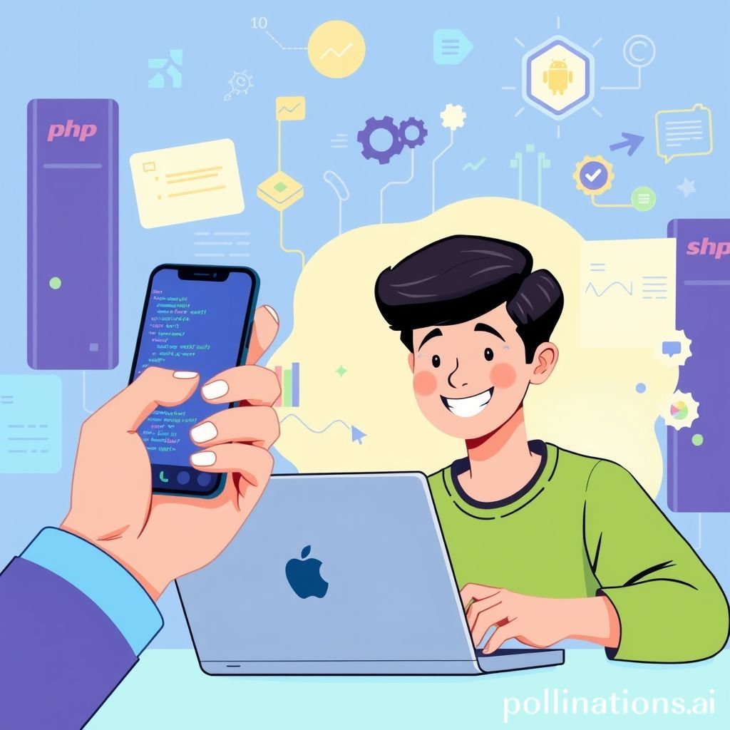 A vibrant and modern illustration. In the foreground, a young person, possibly an SMK student, is smiling and engaged in coding on a laptop, with PHP code visible on the screen. The background shows abstract representations of digital elements, web interfaces, and server racks, symbolizing web development. On the left side of the illustration, a hand holding a smartphone is visible, also displaying PHP code or a browser with a web page, indicating the Android aspect. The overall aesthetic should be clean, approachable, and inspiring for students, with a mix of blue, green, and purple hues.