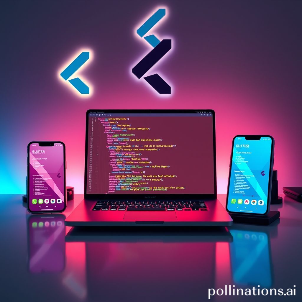 A vibrant and modern image depicting a developer's workstation with a laptop open showing Flutter code (Dart language) in Visual Studio Code. On the desk, there are two smartphone mockups, one showing an iOS app and the other an Android app, both displaying the same Flutter UI. The Flutter logo is subtly integrated into the background or on one of the screens. The overall mood is futuristic and productive, with clean lines and a hint of the 
