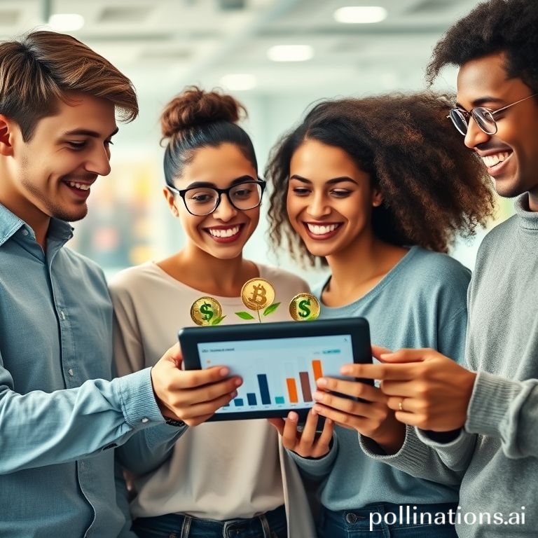 A vibrant and modern image depicting a diverse group of Gen Z individuals (2-3 people, male and female) happily looking at a tablet or smartphone displaying charts and growing money symbols. One person could be holding a small plant with coins instead of leaves. The background should be bright and optimistic, perhaps with city lights or a minimalist office setting. The overall feel should be empowering and accessible, not intimidating. Colors should be lively and appealing to a young audience.