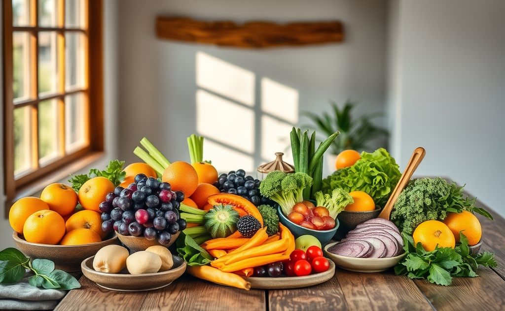 A vibrant arrangement of chakra-friendly detox foods on a table.