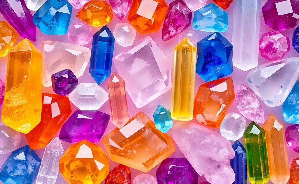 A vibrant arrangement of crystals in a harmonious grid pattern.