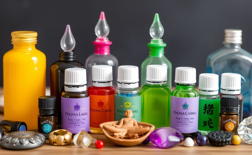 A vibrant arrangement of essential oil bottles and chakra symbols.