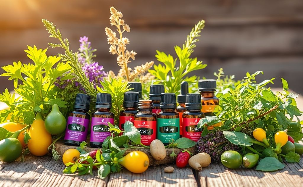 A vibrant arrangement of essential oil bottles and herbs for energy.