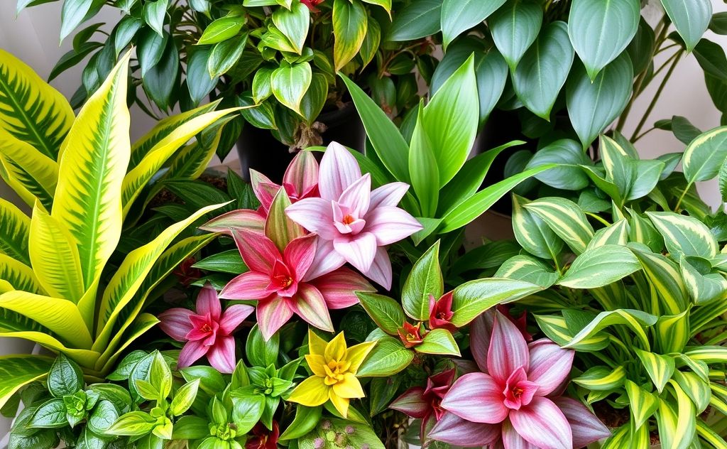 A vibrant arrangement of popular houseplants improving indoor air quality.