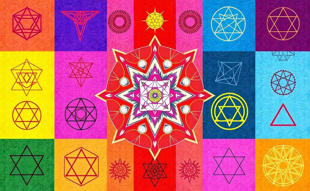 A vibrant arrangement of sacred geometry symbols in various colors.