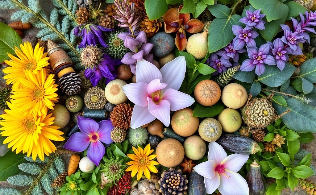 A vibrant arrangement of sacred plants used in shamanic healing.