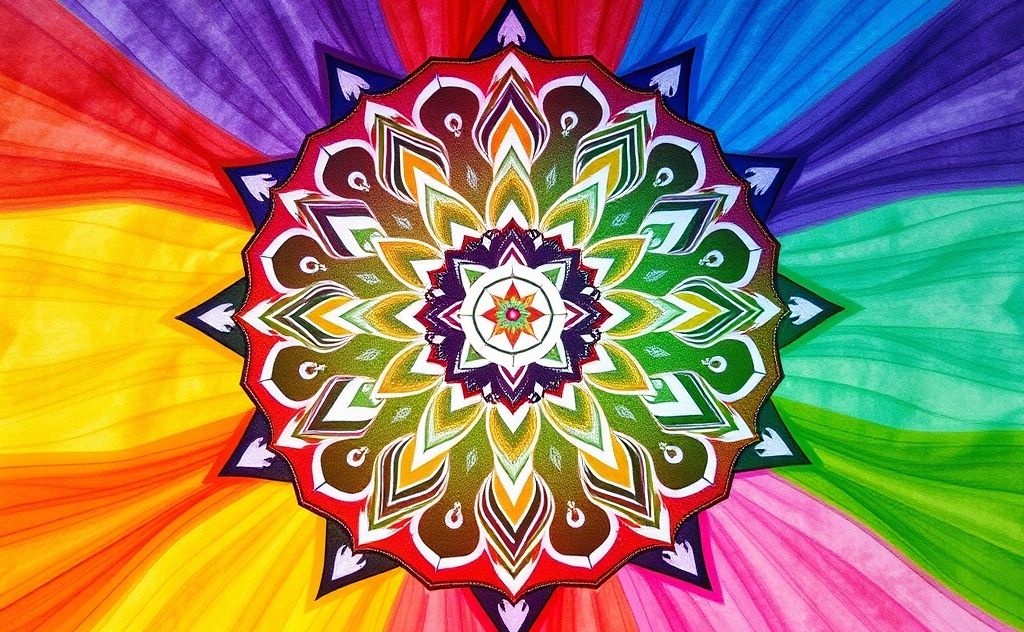 A vibrant arrangement of seven chakra mandalas in a circular layout.