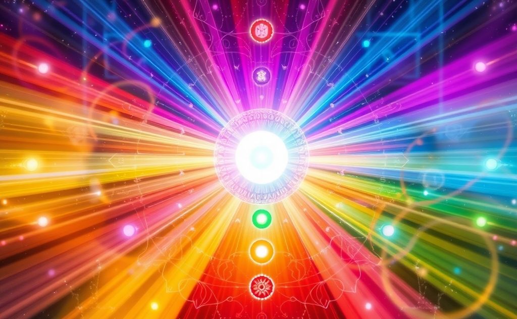 A vibrant array of colored chakras radiating healing energy.