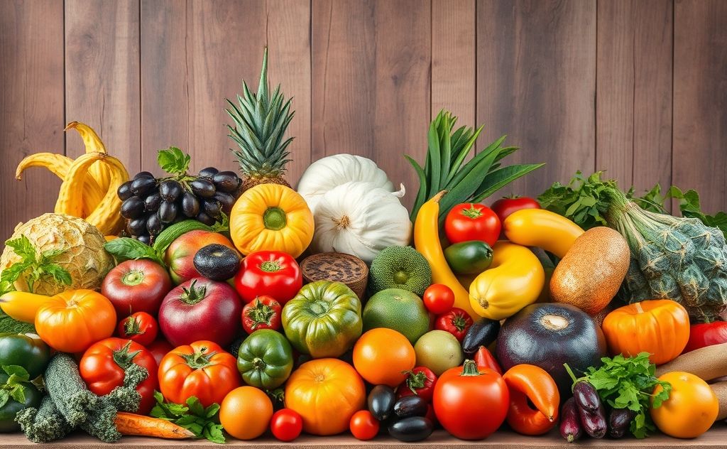 A vibrant array of colorful fruits and vegetables arranged harmoniously.