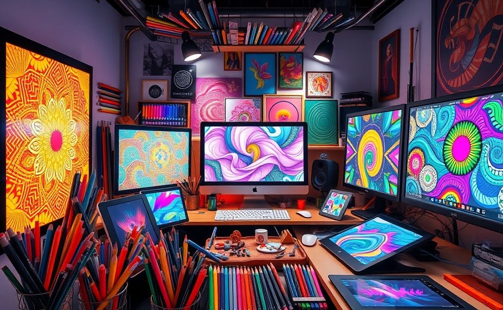 A vibrant array of digital art tools and creative designs.
