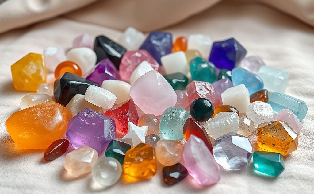 A vibrant array of healing crystals in various colors on a soft surface.