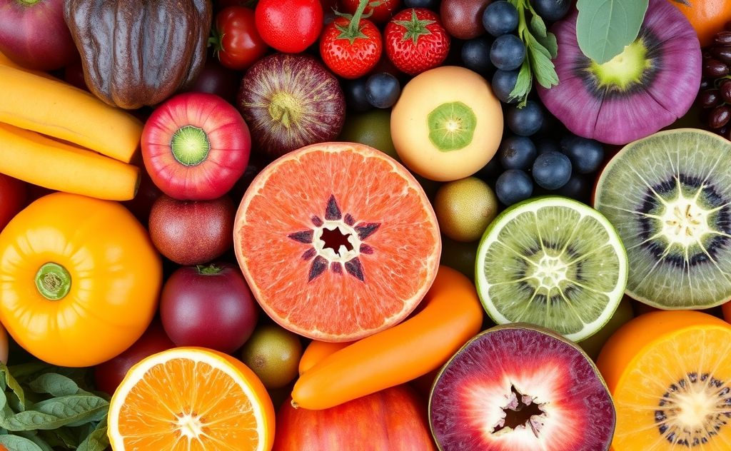 A vibrant assortment of chakra-colored fruits and vegetables.